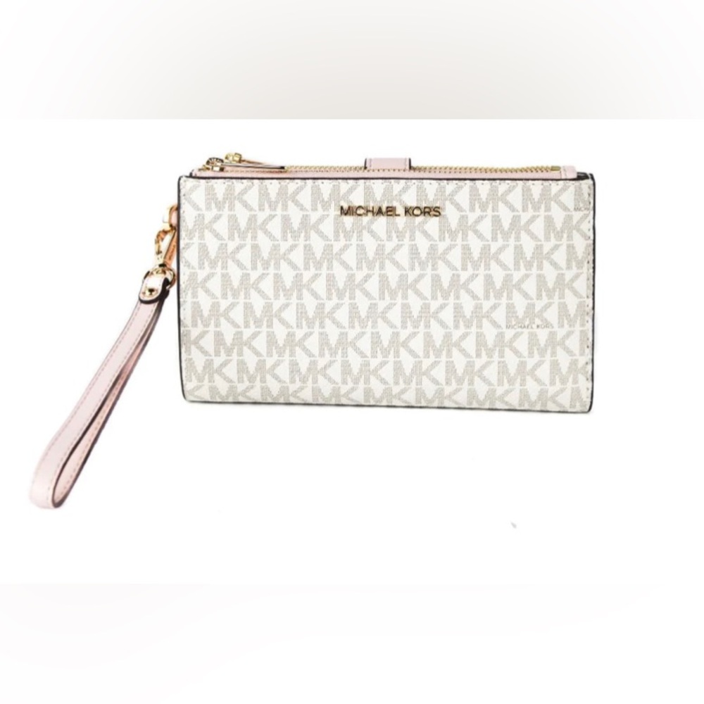 Michael Kors Jet Set Travel Leather Logo Large Double Zip Wristlet Wallet